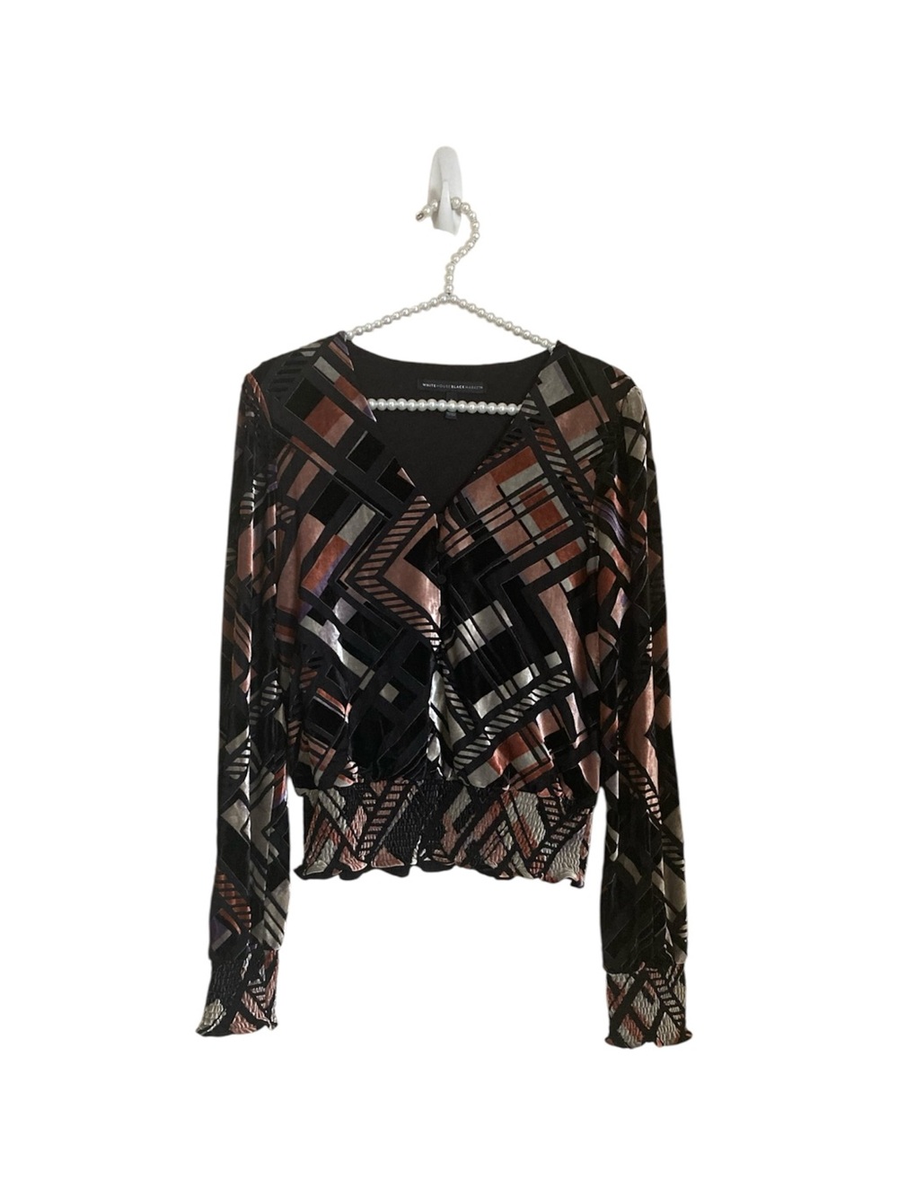 White House Black Market Small Long Sleeve Velour Geometric Abstract Print Top